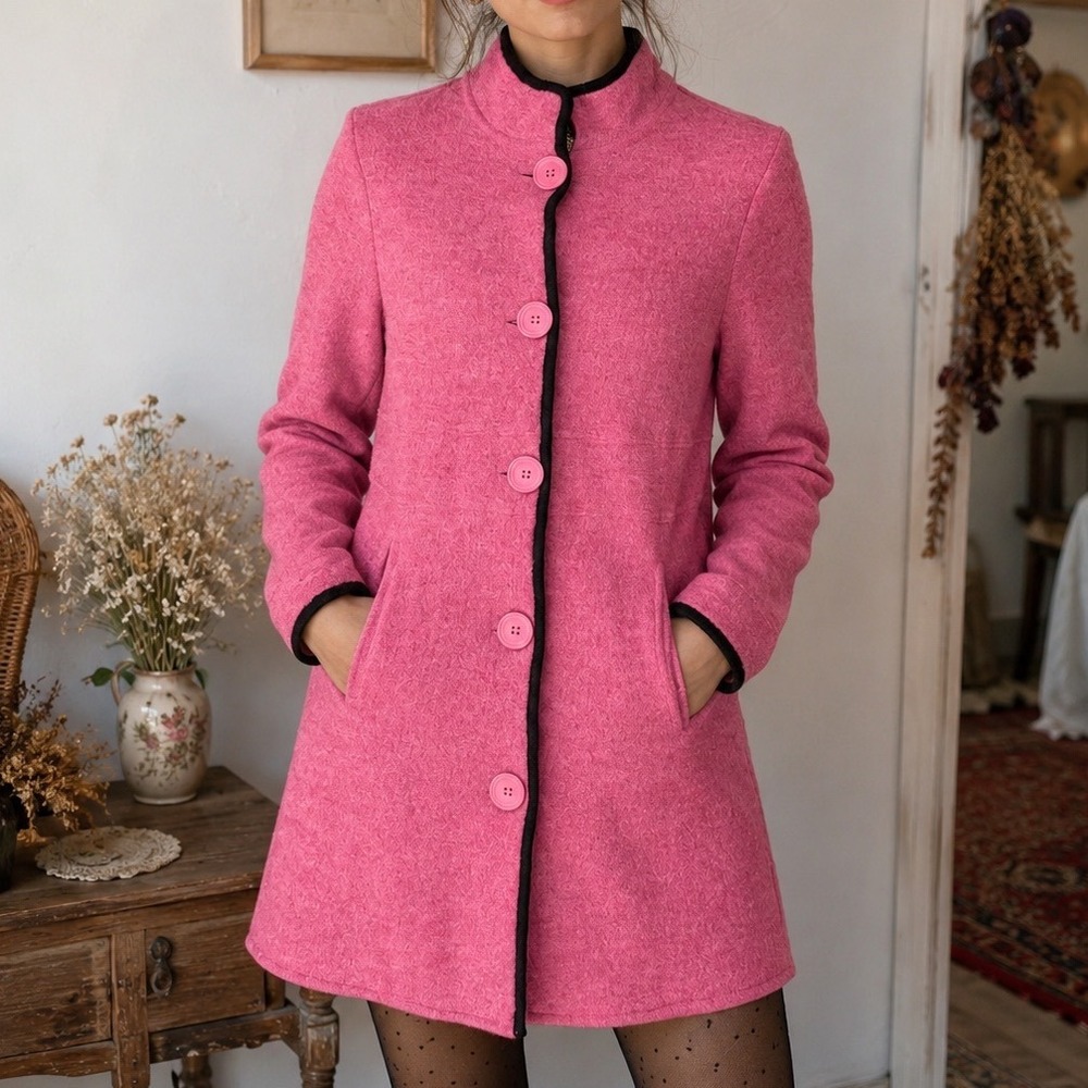Emma James Pink 100% Wool Button Front Mock Neck Coat Jacket M preppy boho